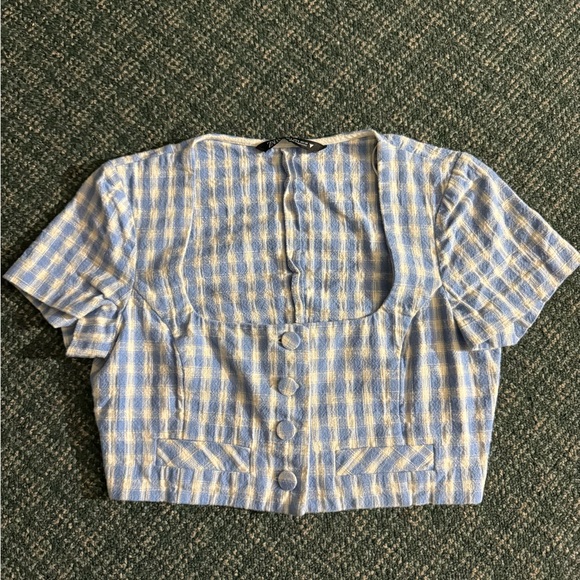 Zara Blue and White Gingham Pattern Button Up Crop Top - Picture 1 of 3